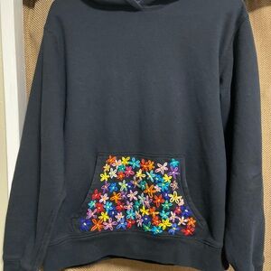 Hand Embroidered Flower Black Hoodie